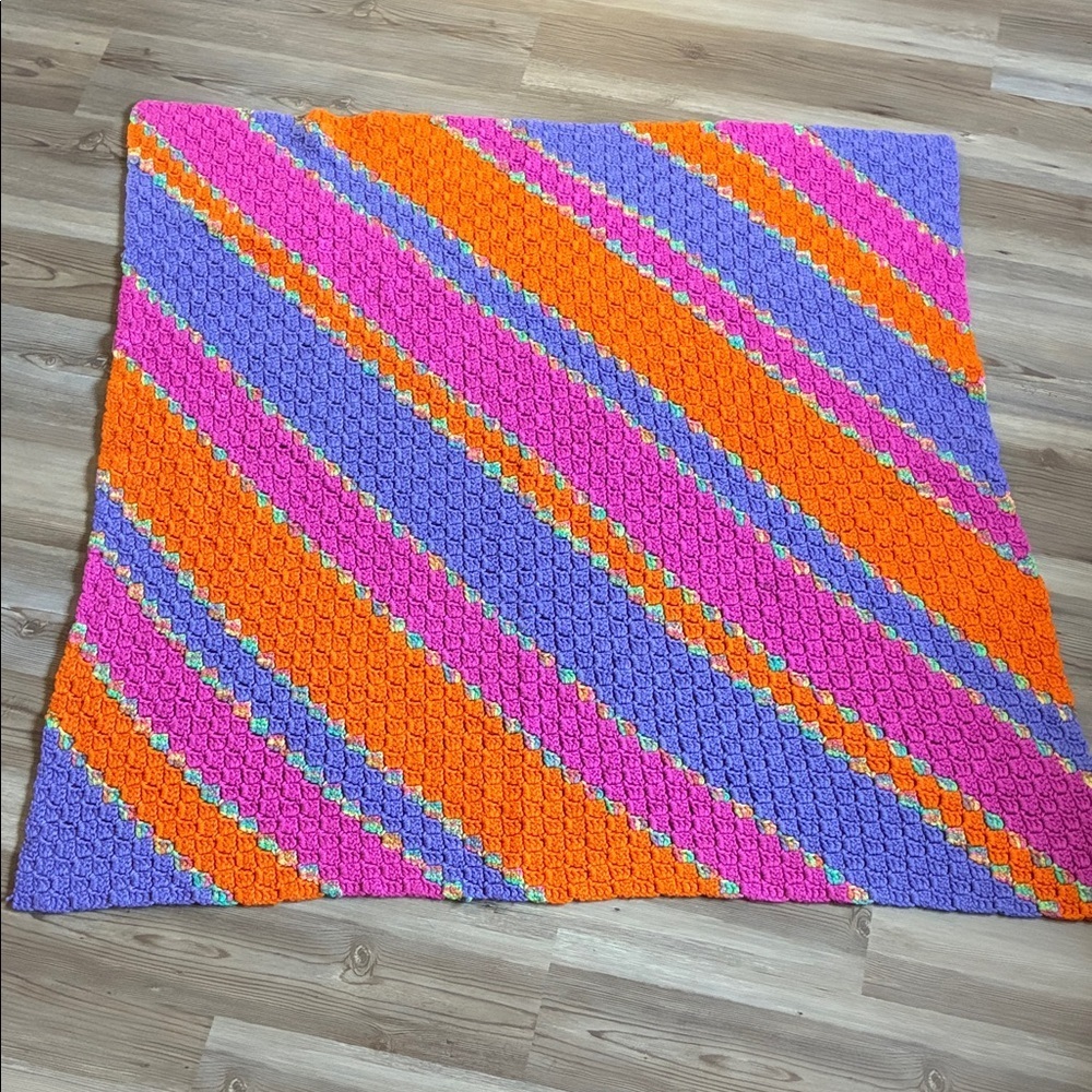Multicolored‎ Crocheted Blanket Throw Orange purple pink Handmade 40” X 40”